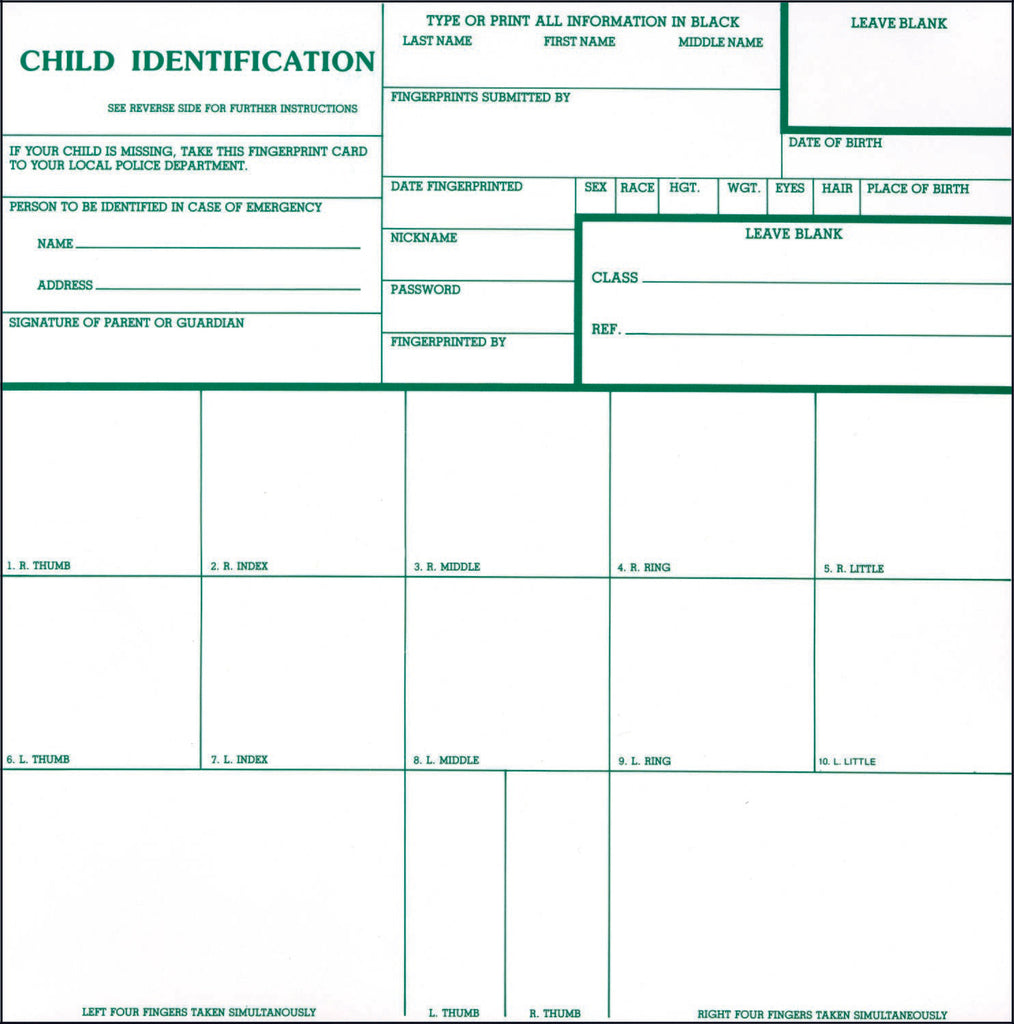 Child Identification Fingerprint Cards Certifix Live Scan