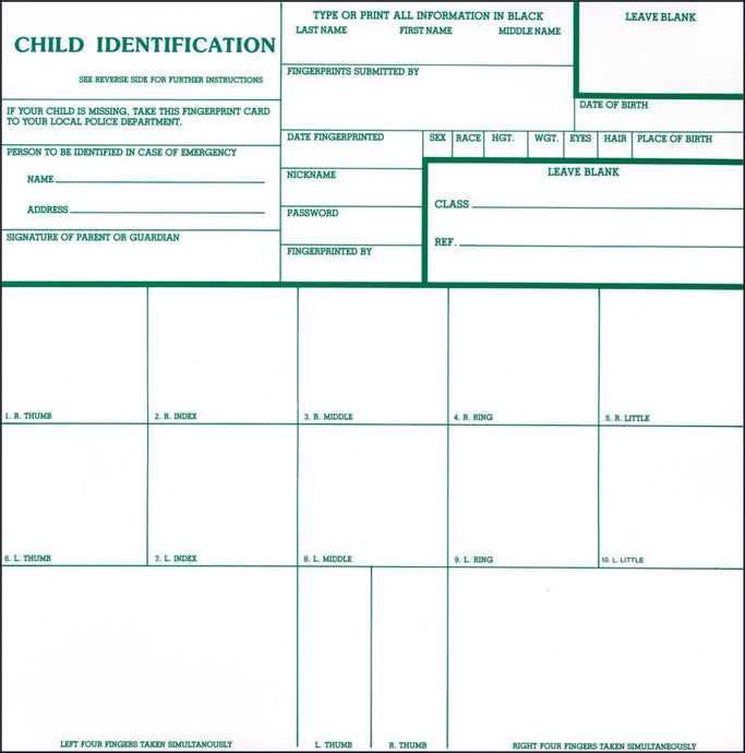 Child Identification Fingerprint Cards