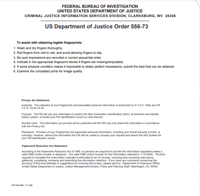 FD 1164 Identity History Summary Check - Fingerprint Card | FBI ...