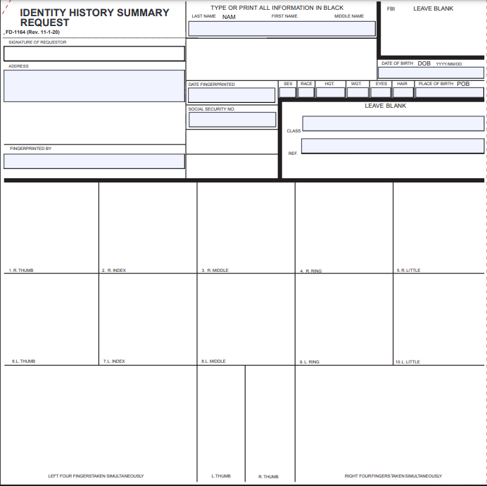 FD 1164 Identity History Summary Check - Fingerprint Card | FBI ...
