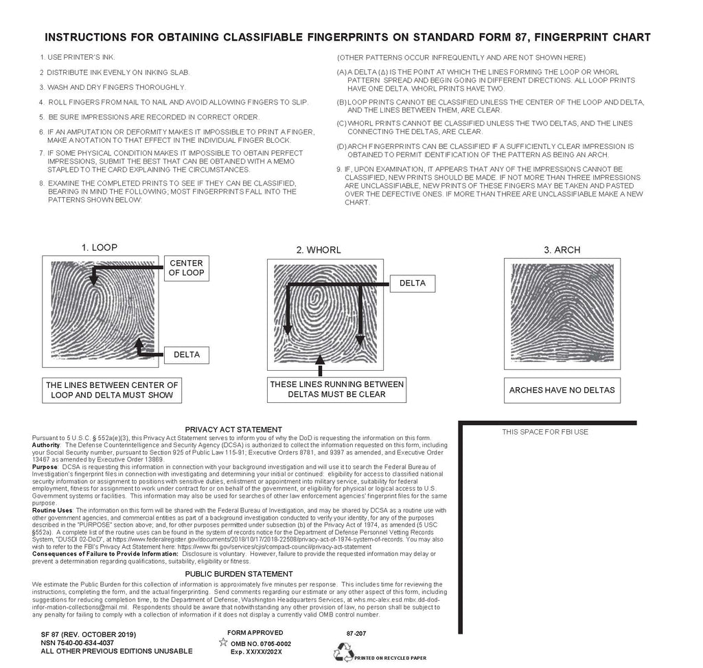 Sf87 Form SF 87 US Office of Personnel Management - Fingerprint Card (rev. Oct 2 ...
